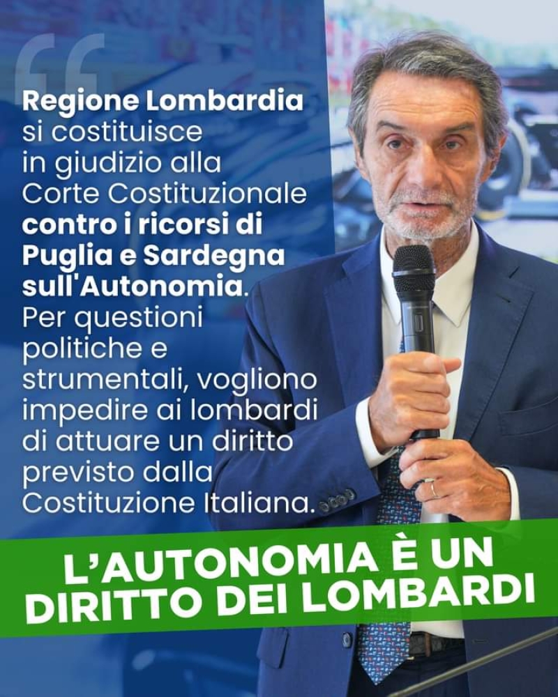 Fontana in difesa dell'autonomia lombarda: Non si tolga ai cittadini questo diritto sancito dalla Costituzione